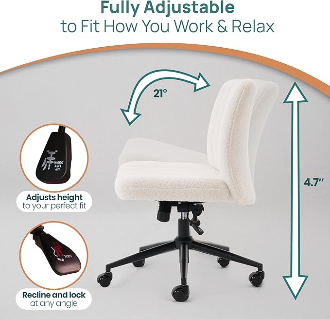 NYPOT Armless Desk Chair with Wheels for Criss Cross Sitting - Cross Legged Wide Armless Chair - Adjustable Vanity 360° Swivel Stool and 120° Rocking Wide Seat Comfy for Home and Office, White Sherpa