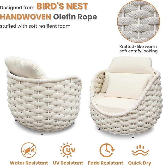 Front Porch Furniture Set 3 Piece: Aluminum Woven Rope Patio Conversation Sofa Set for 2 - Assembled Outdoor Deck Couch Armchair Set Cushions - for 400lb Balcony Pool Yard Bistro Hotel Lanai - Beige