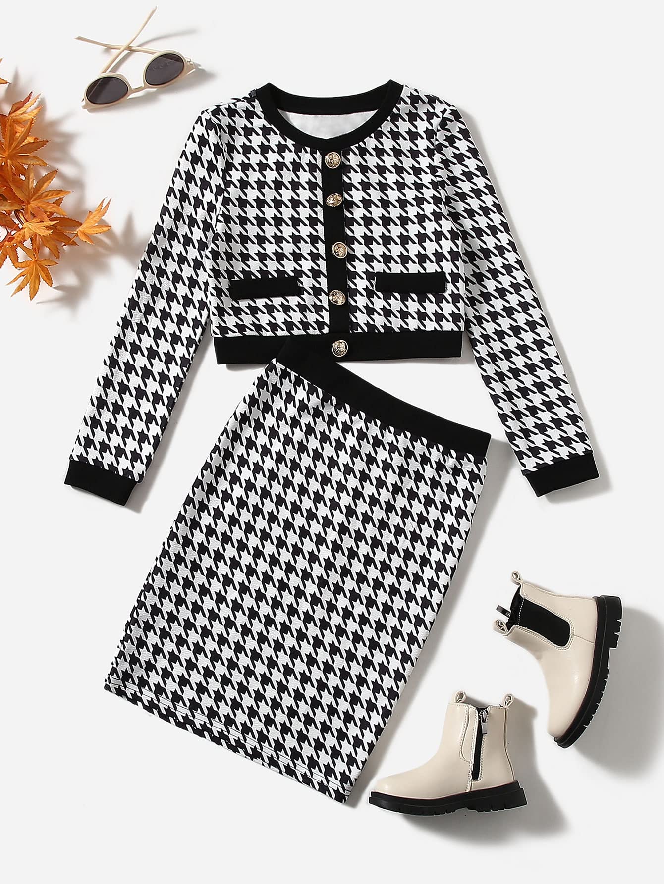 Milumia Girl's Two Piece Outfits Houndstooth Button Decor Crop Blazer Jacket and Skirt Sets Black and White 9 Years
