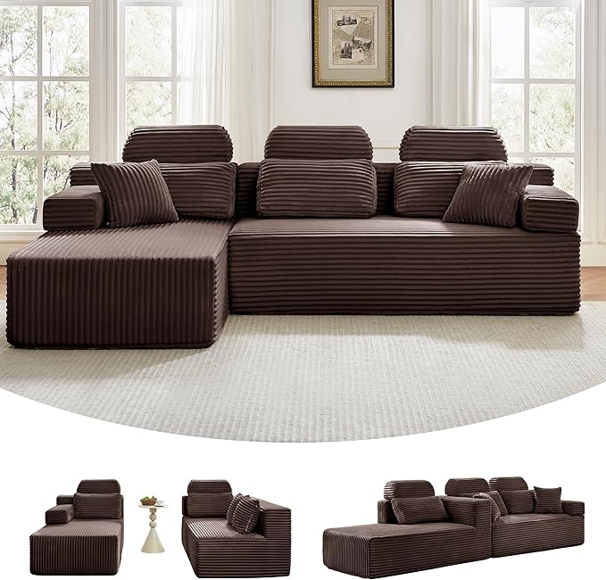 ZQRhome 104" L Shaped Boneless Couch Sectional Sofa with Chaise & Headrest, Boneless Deep Seat Plush Corduroy Couches for Living Room, No Assembly Required (Brown, 104" L-shapred Chaise)