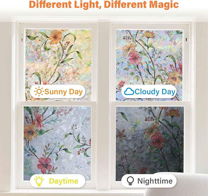 Finnez Stained Glass Window Film with Floral Pattern, Crescent Base and Rainbow Effect, Decorative Static Cling No Glue No Residue 23.6 x 157.4 Inches
