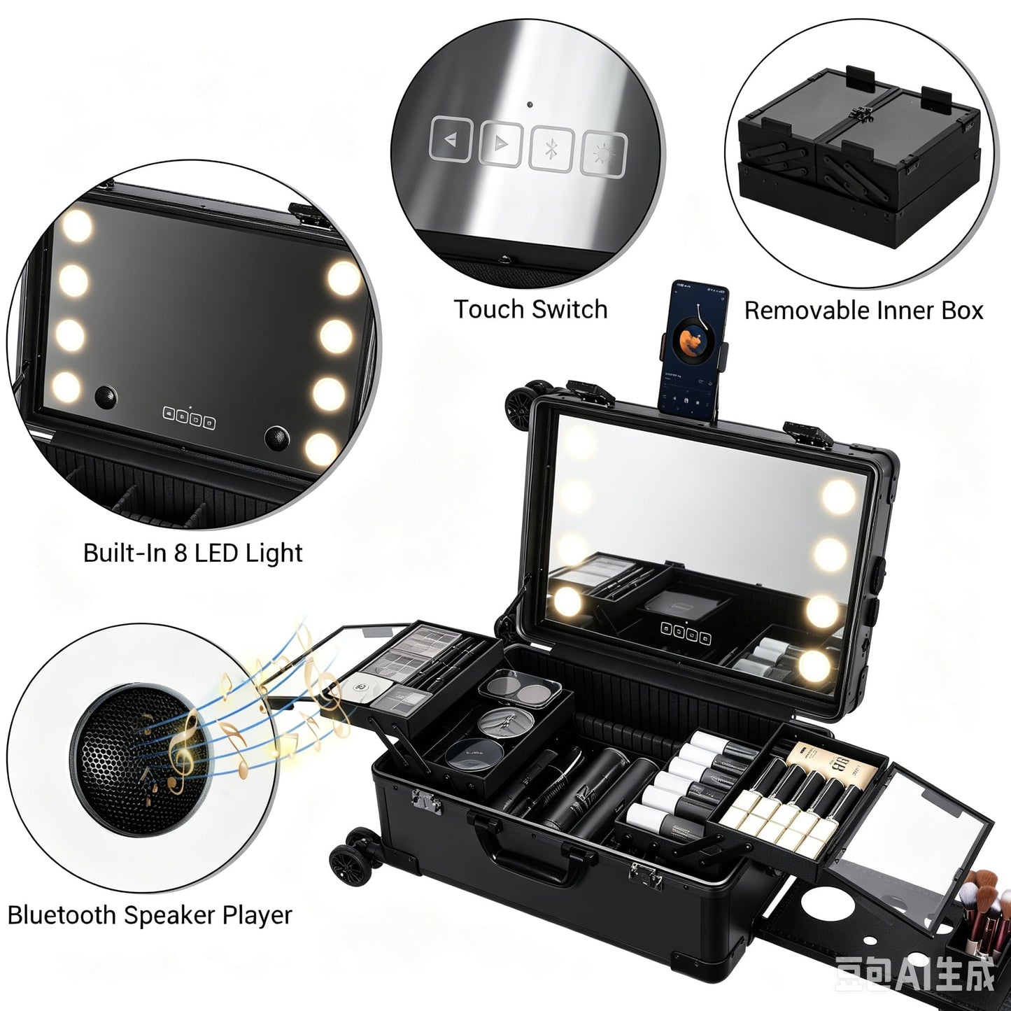 Aiborke Rolling Makeup Train Case with Lighted Mirror and Bluetooth Speaker Professional Cosmetic Organizer Case with Wheels, Stands Portable Makup Station Vanity for Travel (Standard Black, Small)