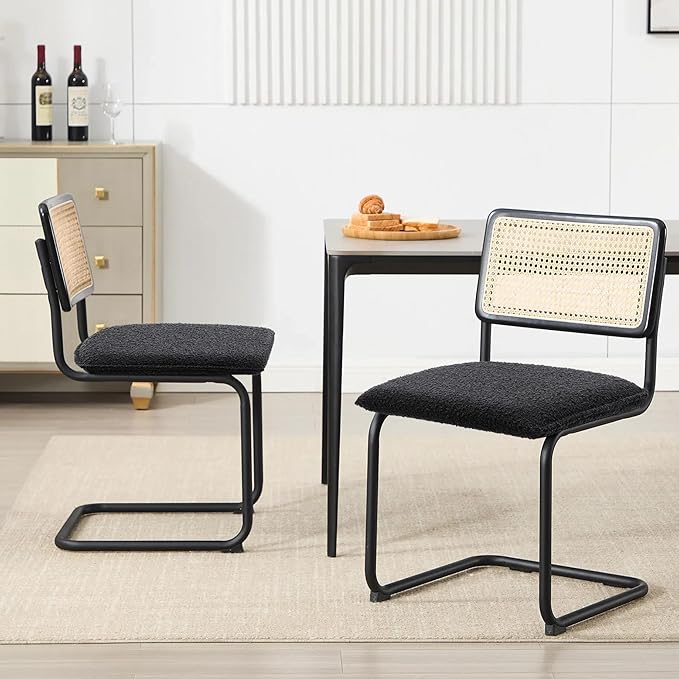 Zesthouse Rattan Dining Chairs Set of 6, Mid Century Modern Dining Chairs with Natural Cane Mesh & Matte Black Base, Black Cesca Chair Boucle Fabric, Farmhouse Kitchen Chair with Solid Wood Frame Back