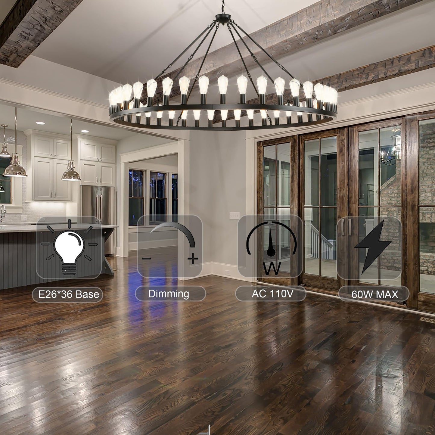 SARUDIIR Extra Large Wagon Wheel Chandelier Farmhouse 64" 42-Light Black Farmhouse Round Wheel Chandelier Light fixtures for Outdoor Porch high Ceilings Dining Room Living Room