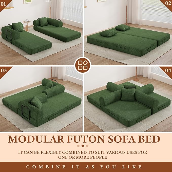 77" Convertible Sofa Bed, Modular Folding Futon Corduroy Floor Foam Compressed Loveseat Sleeper Sofa Couch, Pull Out Queen Size Couch Bed with 2 Pillows for Living Room Guest Room Studio, Dark Green