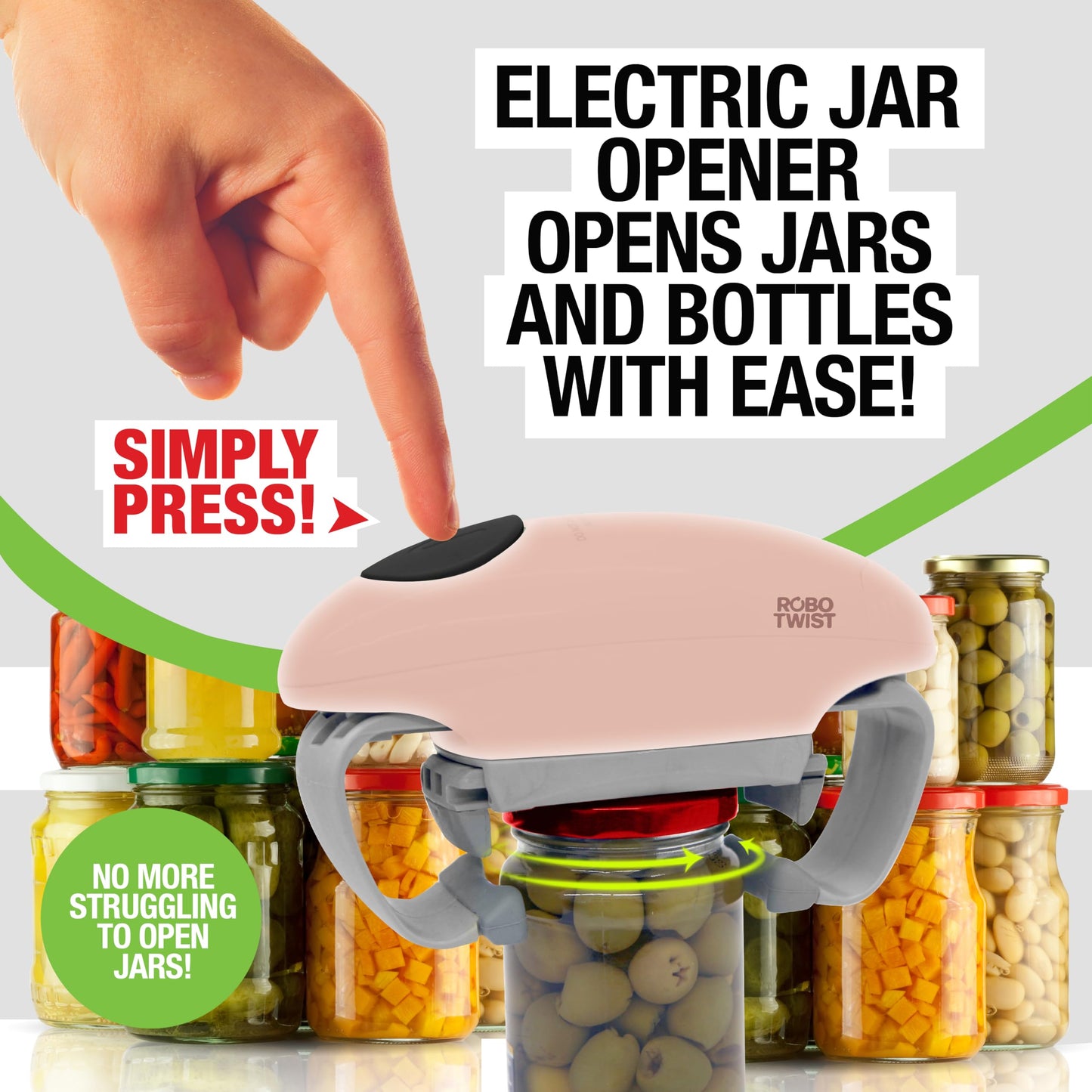 Robotwist Electric Jar Opener for Seniors, Deluxe Model with Improved Torque, 1 Touch Automatic Easy Jar Opener for Weak Hand and Arthritis – Works on All Jar Sizes