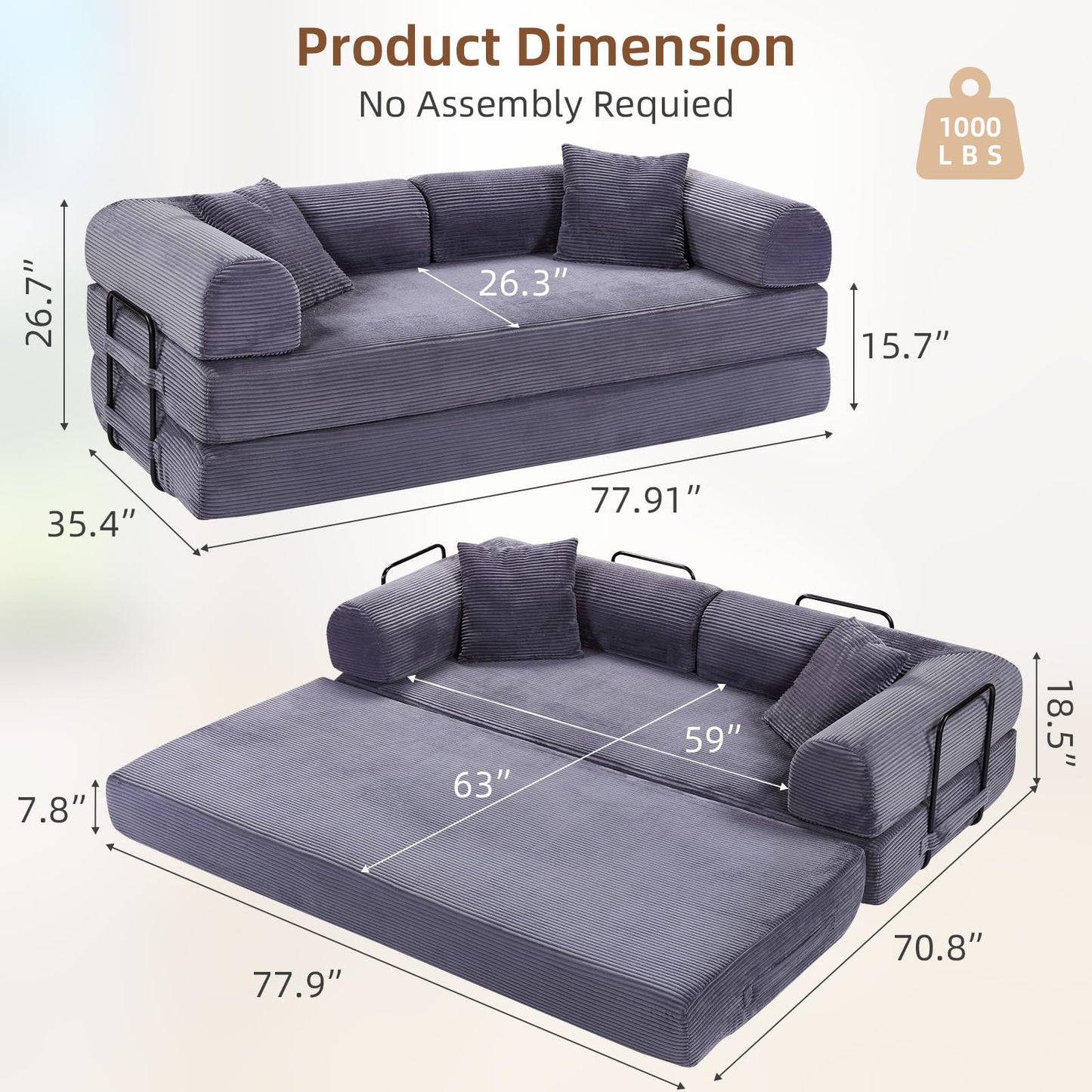Rovibek 4-in-1 Convertible Sleeper Sofa Bed Queen Size, Foldable Floor Couch Corduroy, Folding Futon Sofa Beds with Pillow and Fixed-Shape Frame, Suitable for Living Room, Bedroom, Lounge, Slate Gray