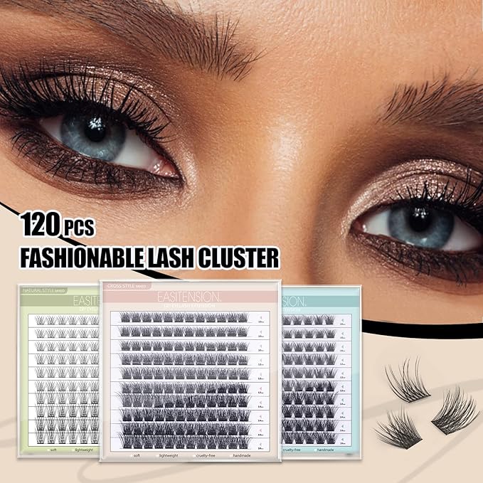 DIY Eyelash Extension Lash Clusters 120 Clusters False Eyelash 3D Effect Individual Natural Lashes Set at Home Eyelash Extension Kit Lashes Pack Volume Mixed