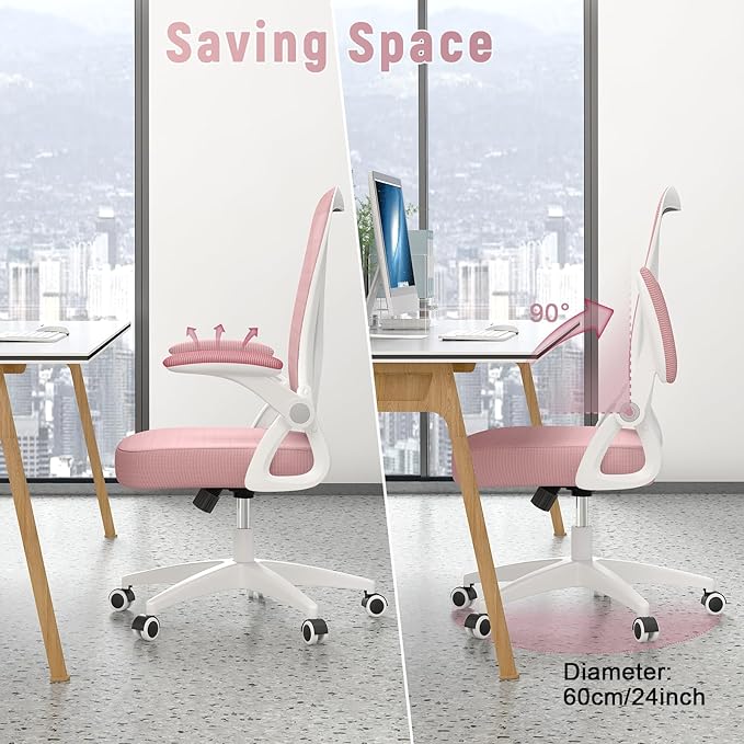 naspaluro Ergonomic Office Chair, Computer Chair with Adjustable Height, Flip-Up Arms and Lumbar Support, Breathable Mesh Desk Chair for Home Study Working (Without Headrest, Pink)