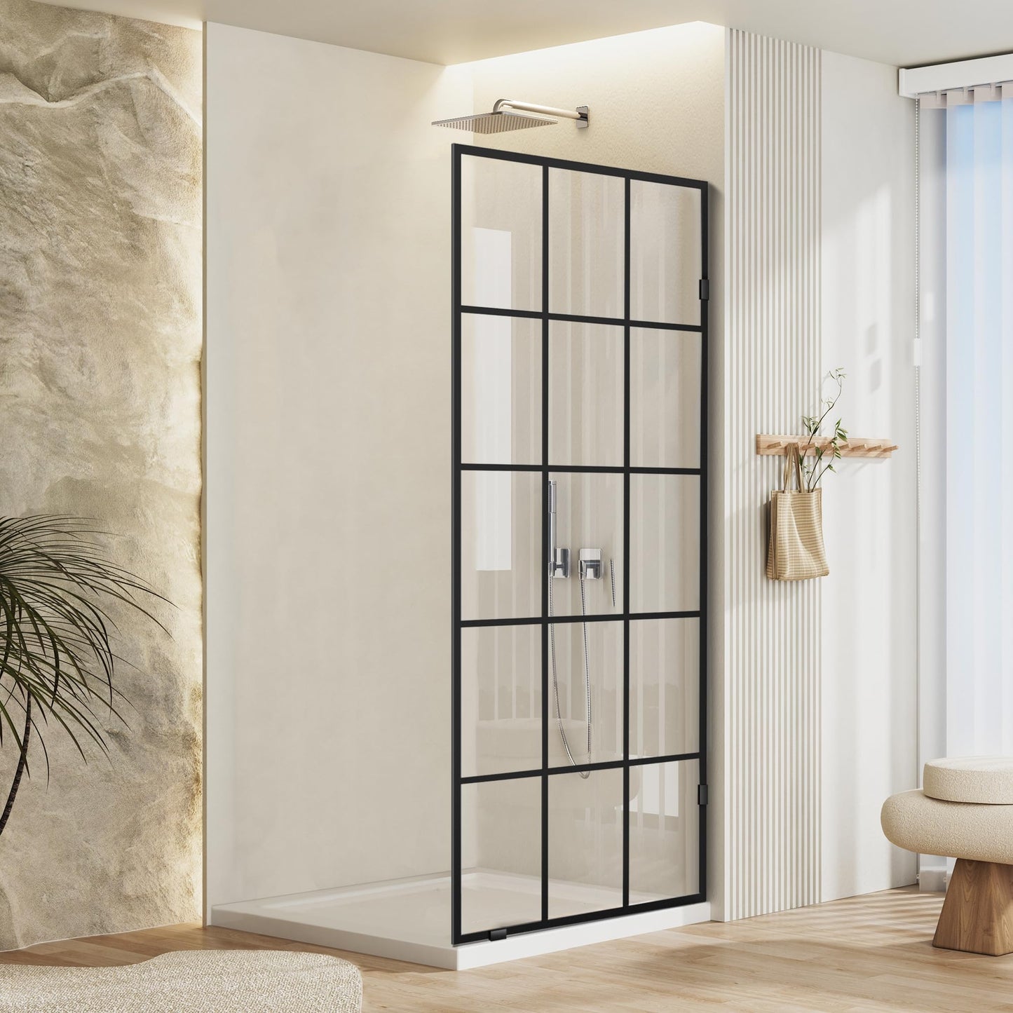 Bathroom Shower Door 28.8" W x 76" H, Framed Fixed 5/16" (8mm) Thick Clear Tempered Glass Door Panel, Matte Black Silk-Print Grid