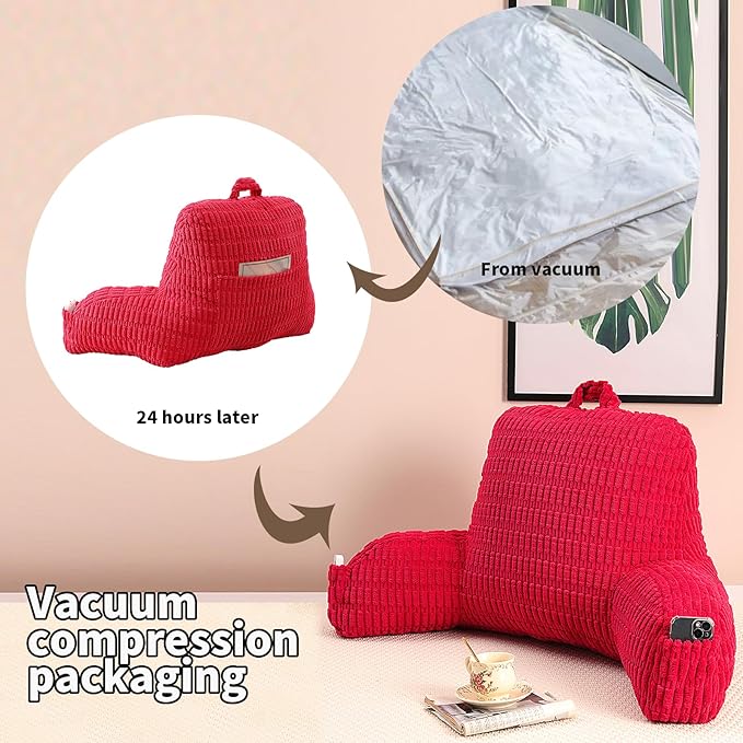 PAJEO Reading Pillow for Sitting in Bed, Large Backrest Reading Pillow with Arm Rest,Back-Rest Support Cushion for Sit Up on Couch, Sofa, and Floor, Dorm Essentials (Red Corduroy, Large(19"))