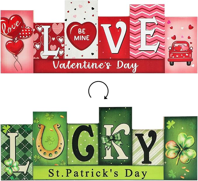 Valentine's Day & St. Patrick's Day Wooden Table Sign - LUCKY LOVE Reversible Tabletop Decor - Rustic Double-Sided Differe...