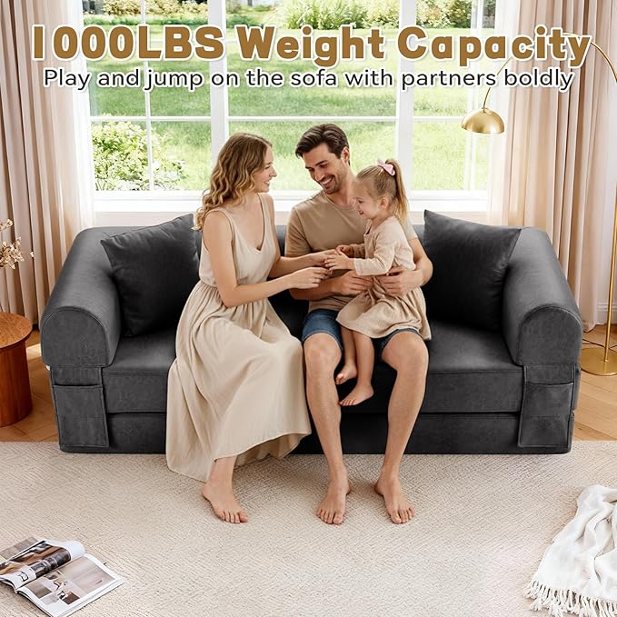GJQ Convertible Sleeper Sofa Bed,78.5 Inch Faux Leather Futon Couch with Pillows & Storage Pocket,5-in-1 Folding Sofa Bed Queen with Pull Out Beds,Boneless Couches for Living Room,Couch in a Box,Gray