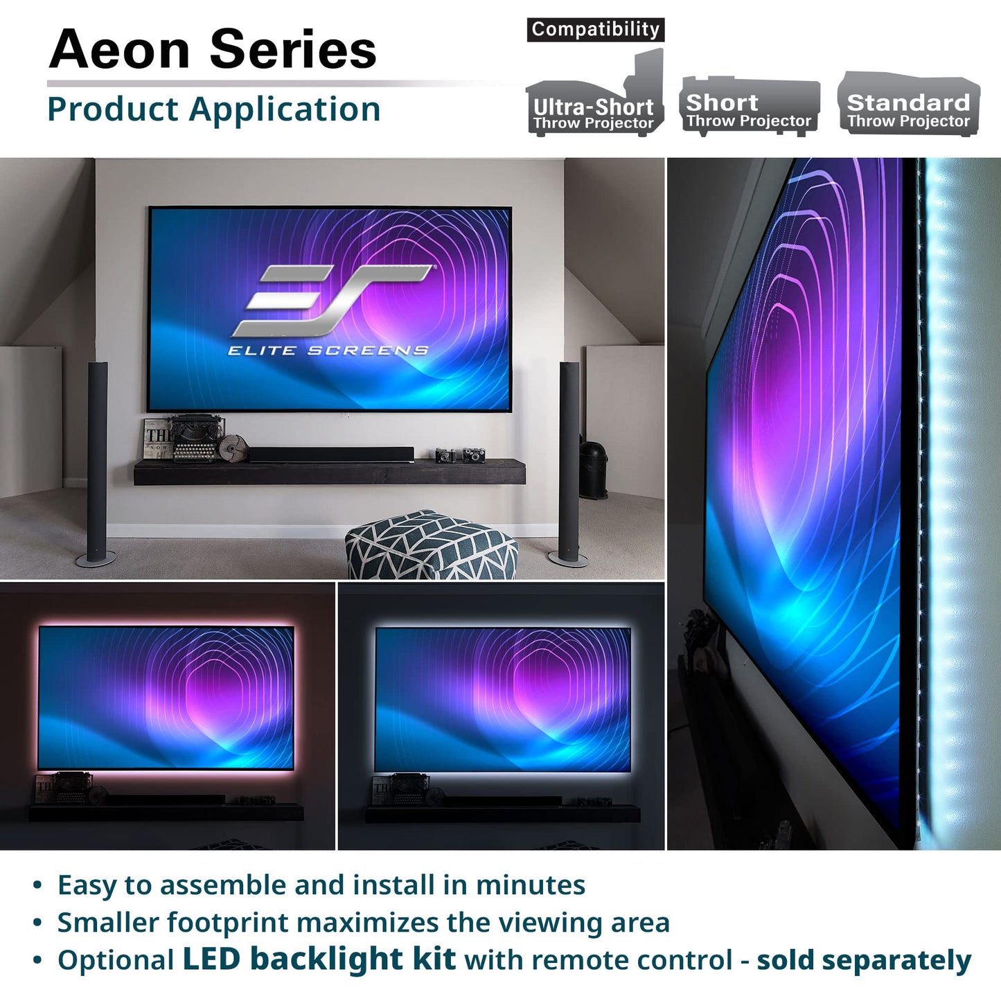 Elite Screens Aeon Series, 110-inch 16:9, 8K / 4K Ultra HD Home Theater Fixed Frame EDGE FREE Borderless Projector Screen, CineWhite UHD-B Front Projection Screen, AR110WH2