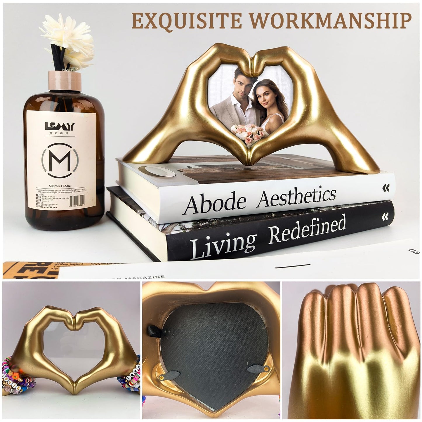 GUSFREUD Gold Heart Hands Sculpture with Picture Frame, Unique Wedding Gift Idea for Couples, Romantic Anniversary Statues for Women, Wife, Her