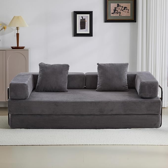 Convertible Couch Sofa Bed Foldable Floor Sleeper | Modern Fold Out Couch | Removable Backrest & Armrests | No Assembly Compression Sofa Sleeper for Living Room, Bedroom | Corduroy Fabric Gray