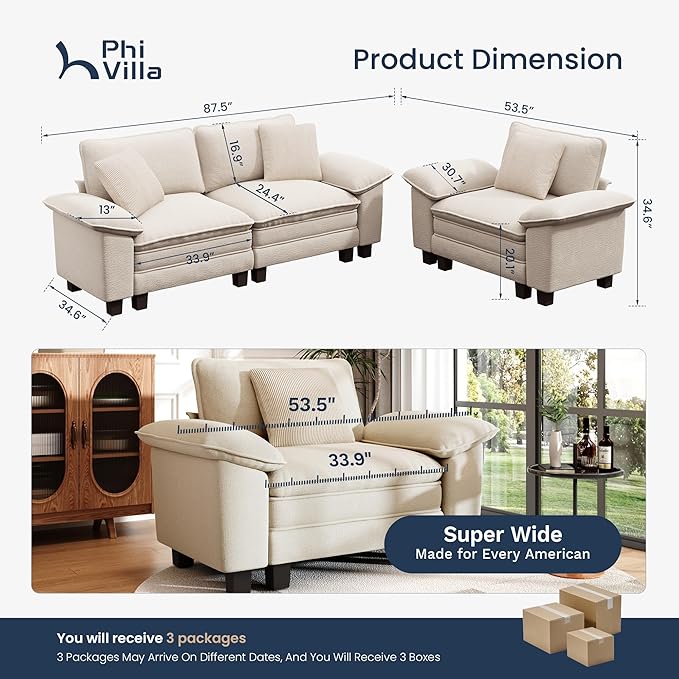 PHI VILLA Cloud Modular Couches Sets, 2 Pieces Sectional Sofa Set with Loveseat, 3-Seater Comfy Couch for Living Room Apartment, Chenille Fabric, Beige