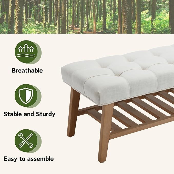 Janoray Entryway Shoe Bench Storage Benches with Upholstered Button Tufted Seat and Open Slatted Shelf Linen Shoe Rack for Hallway Living Room Bedroom End of Bed, Beige