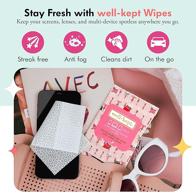 Well-Kept Tech & Lens Wipes - Eyeglass, Screen & Phone Cleaning, Multi-Surface, Lint-Free, Pre Moistened, Streak-Free & Non Scratching - Choupette, 6 Pack (90 Count)