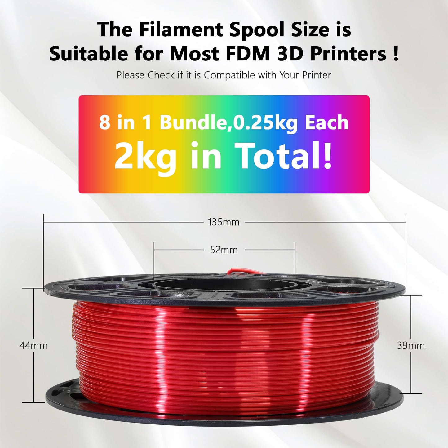 1.75mm Silk Shiny PLA 3D Printer Filament 8 Bright Colors Bundle: Silk Yellow/Lime Green/Orange/Sky Blue/Pink/Cyan/Red/Purple, Each Spool 250g, Total 2Kg 3D Printing Material, 250g x 8 Spools