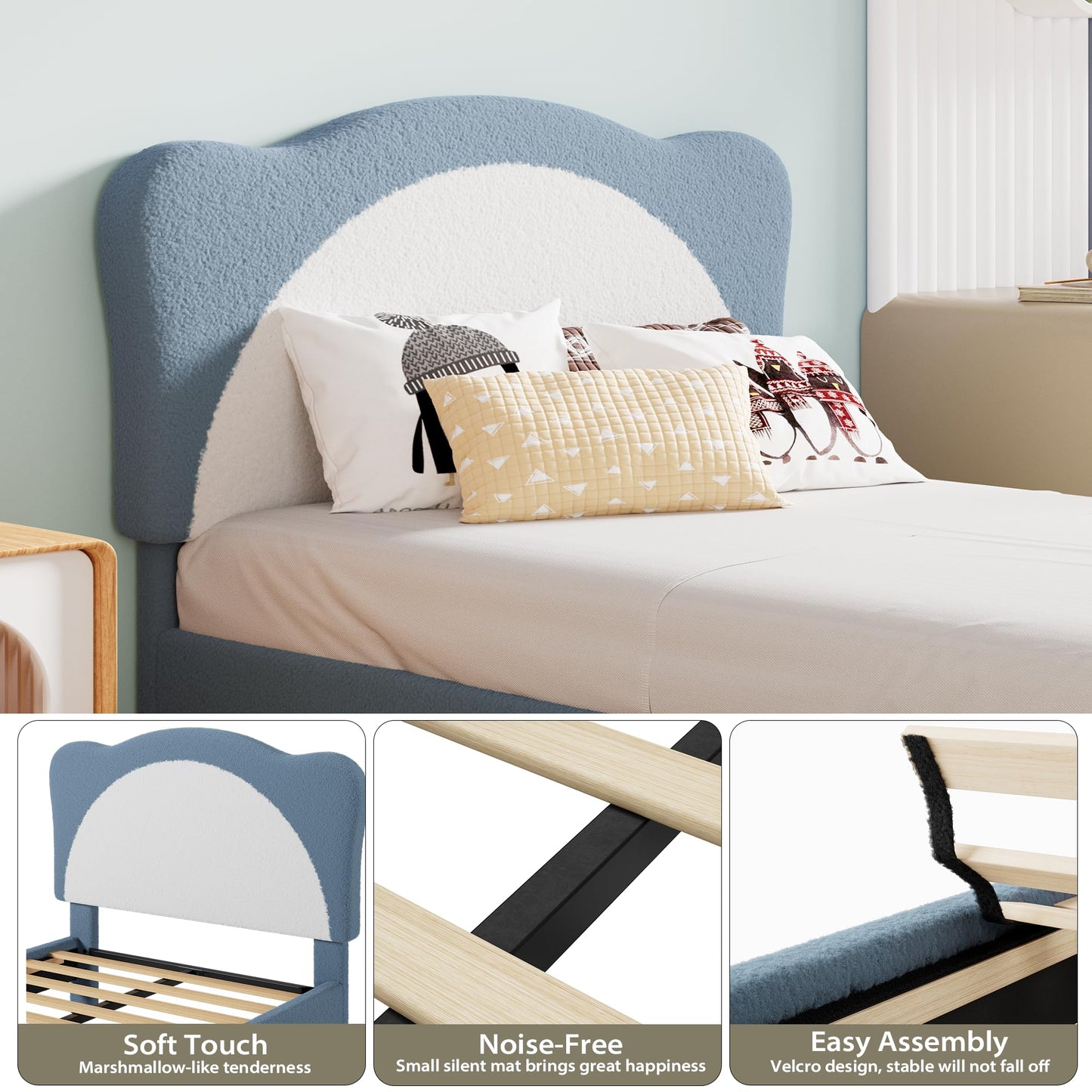 GarveeHome Upholstered Twin Bed Frame for Kids - with Adjustable Chic Scallop Headboard, Cute Velvet Princess Platform Bed for Girls/Kids, Solid Wood Slats Support, No Box Spring Needed, Blue + White