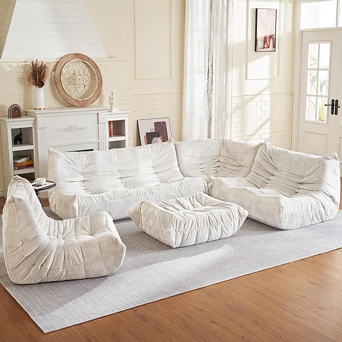 HABUTWAY Bean Bag Ottoman,Foot Rest,Fireside Chair Memory Foam Lazy Bean Bag Sofa for Living Room,Bedroom,Dorm,Office (Ottoman-Beige)