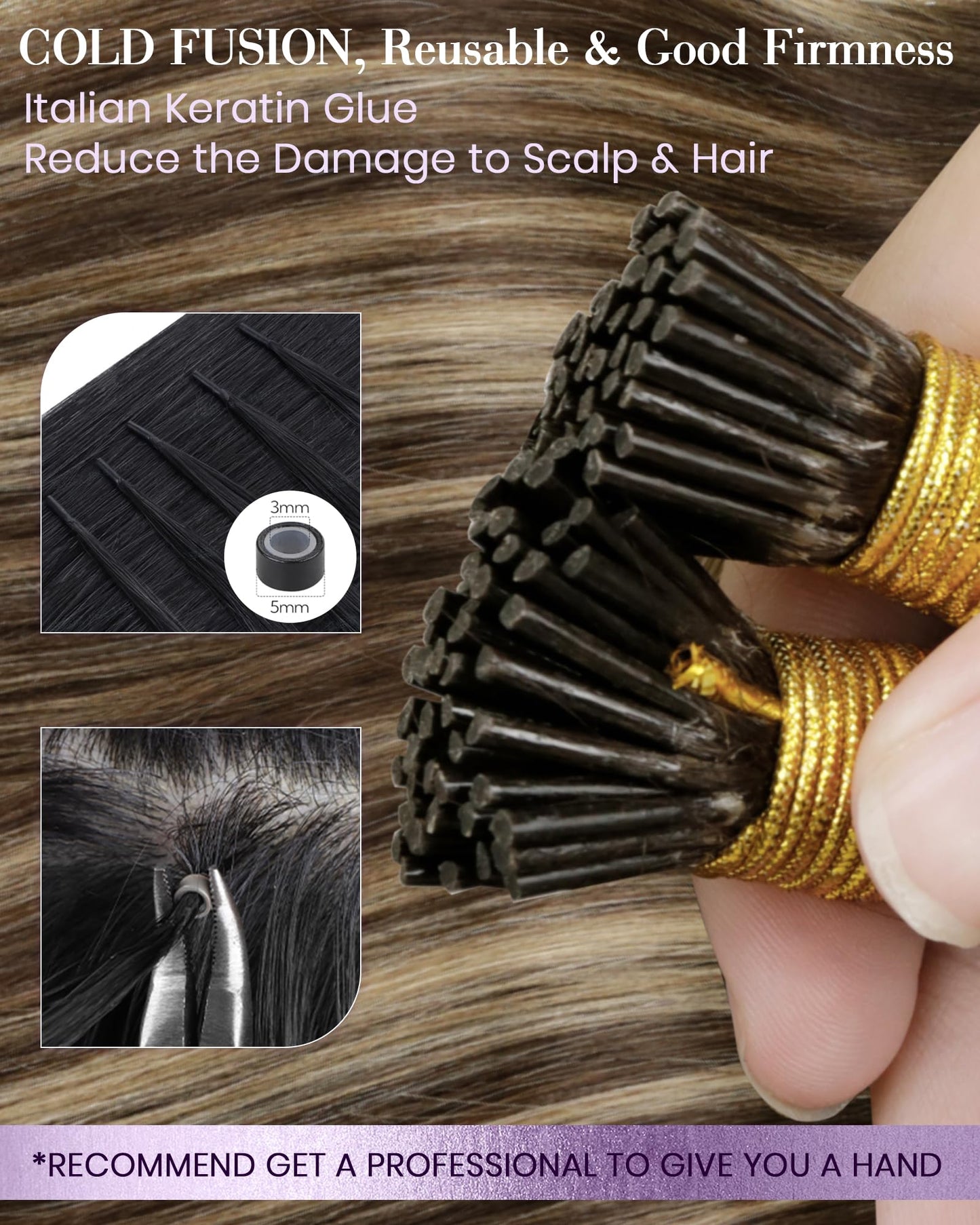 LaaVoo Itip Human Hair Extensions Balayage I Tip Hair Extensions Real Human Hair Medium Brown with Caramel Brown Itip Hair Exten