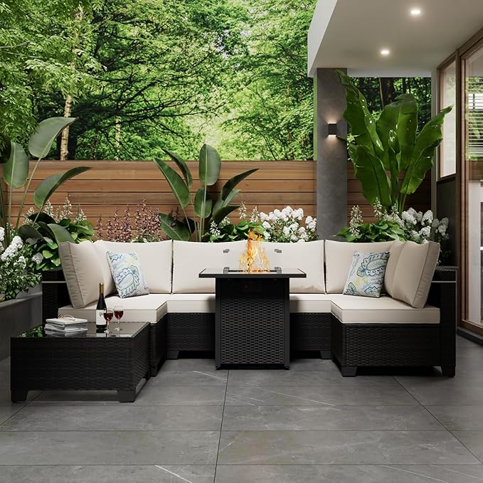 Ophelian 8 Piece Patio Furniture Set with Fire Pit Table, Wicker Outdoor Sectional Sofa Set, Conversation Sets with Thick Anti-Slip Cushions for Backyard, Garden, Deck, (Brown/Beige)