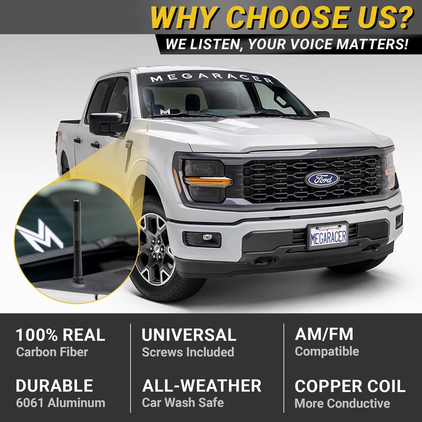 Carbon Fiber Truck Antenna | Compatible With F150 (Year 2009-2025) | Ram 1500 (2009-2024) | Short Car Audio & Video Antennas | S
