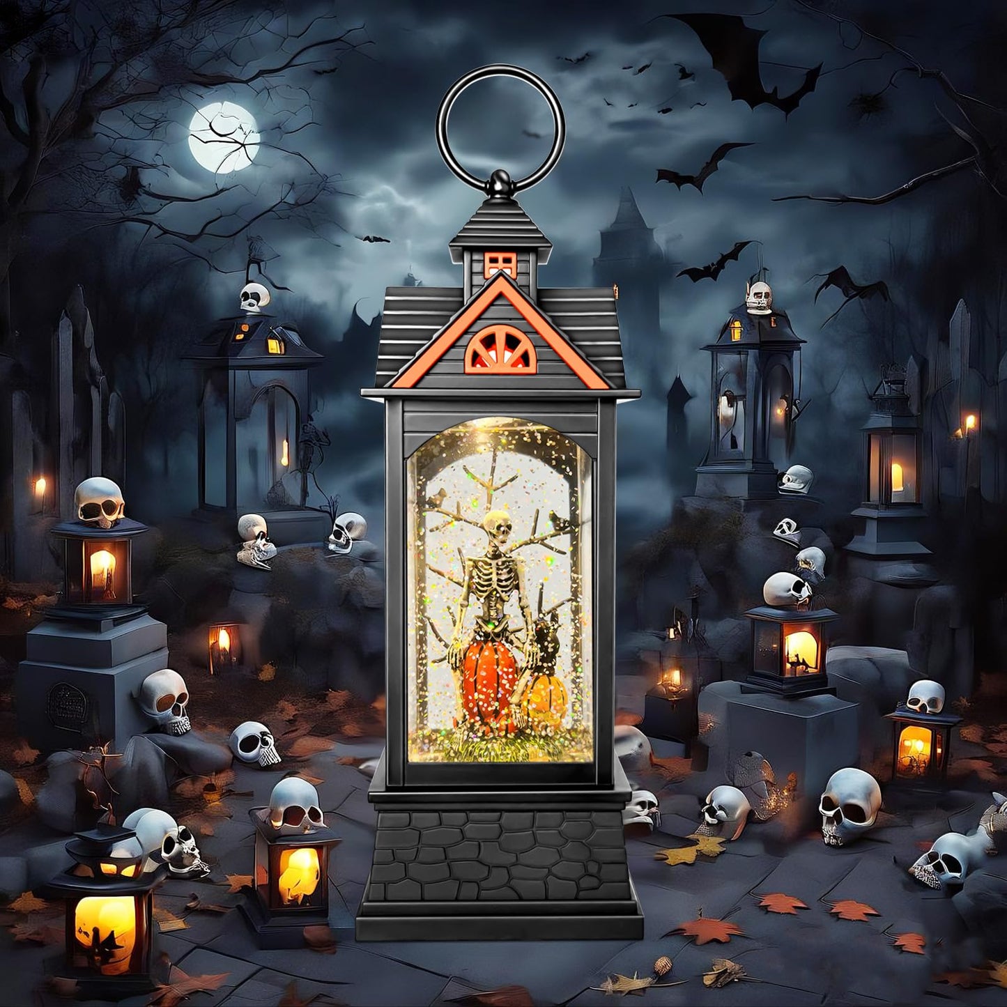 AOMIL Halloween Snow Globe Lantern, Spooky Ghost Halloween Decor, Plug-in & Battery Operated Snow Globes for Halloween Decorations Indoor