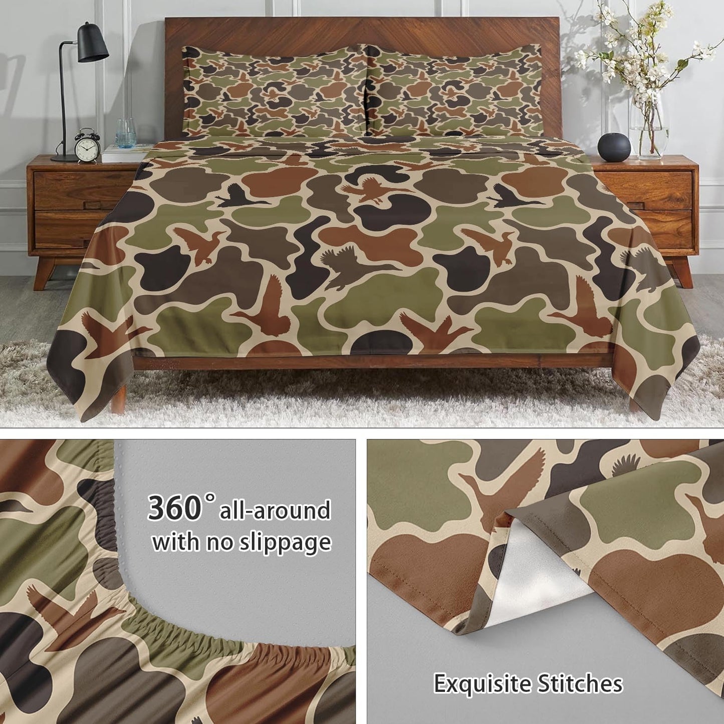 Zzzboro 4 Pcs Fitted Sheet Set Queen Size,Camouflage Hunting Duck Hunter Birds, Bed Decor Camo Army Green Military Woodland Bedroom Sets Pillowcase Bedsheet Bedding Flat Sheet for Kids and Adults