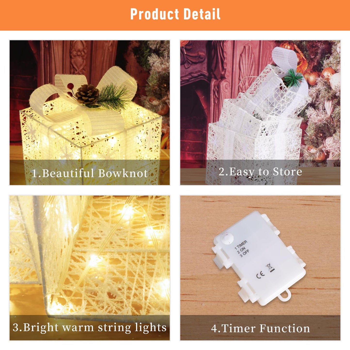 Christmas Lighted Gift Boxes, Set of 4 Christmas Decorations, Battery Operated Xmas Present Boxes, Warm White LED with Bows for Indoor Christmas Tree, Yard, Home Decor
