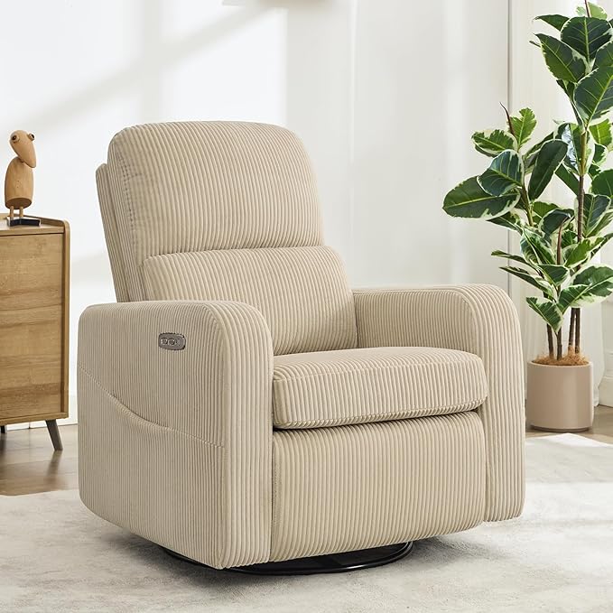 AEMEIOS Swivel Rocker Recliner, Oversized Power Recliner Nursery Glider with Removable Cushion, Upholstered Swivel Reclining Chairs for Nursery Living Room Bedroom, Corduroy Camel