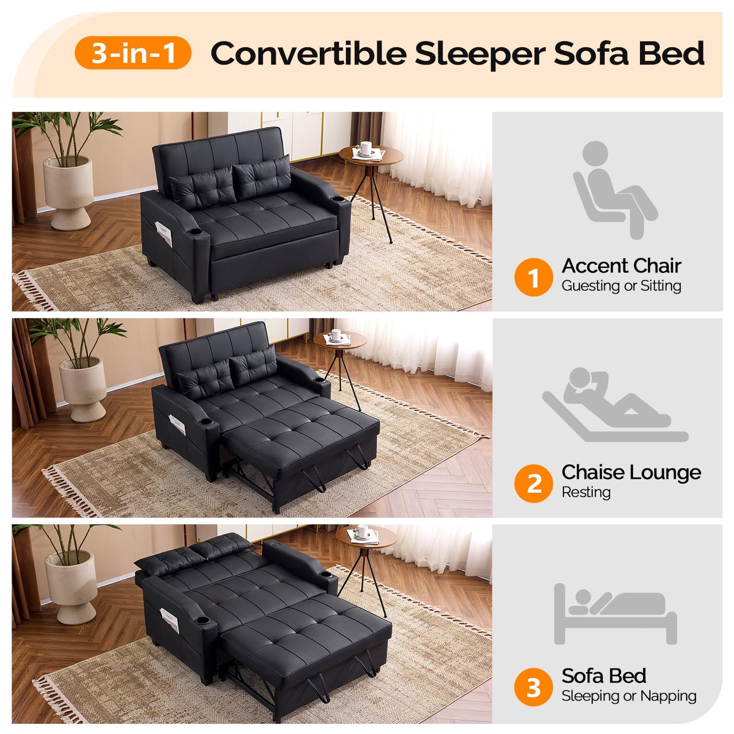 VINGLI Convertible Loveseat Sleeper, Black Faux Leather Futon Sofa Bed Pullout Couch Bed with USB Ports, Cup Holders, Armrest for Living Room, Bedroom, Home Office Apartment