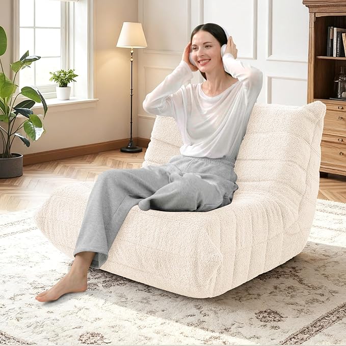 HABUTWAY Bean Bag Chairs Fireside Lazy Floor Sofa, Soft Teddy Fleece Bean Bag Sofa with High-Resilience Foam Filling，Beanbag for Living Room, Bedroom, Office (Beige Teddy)