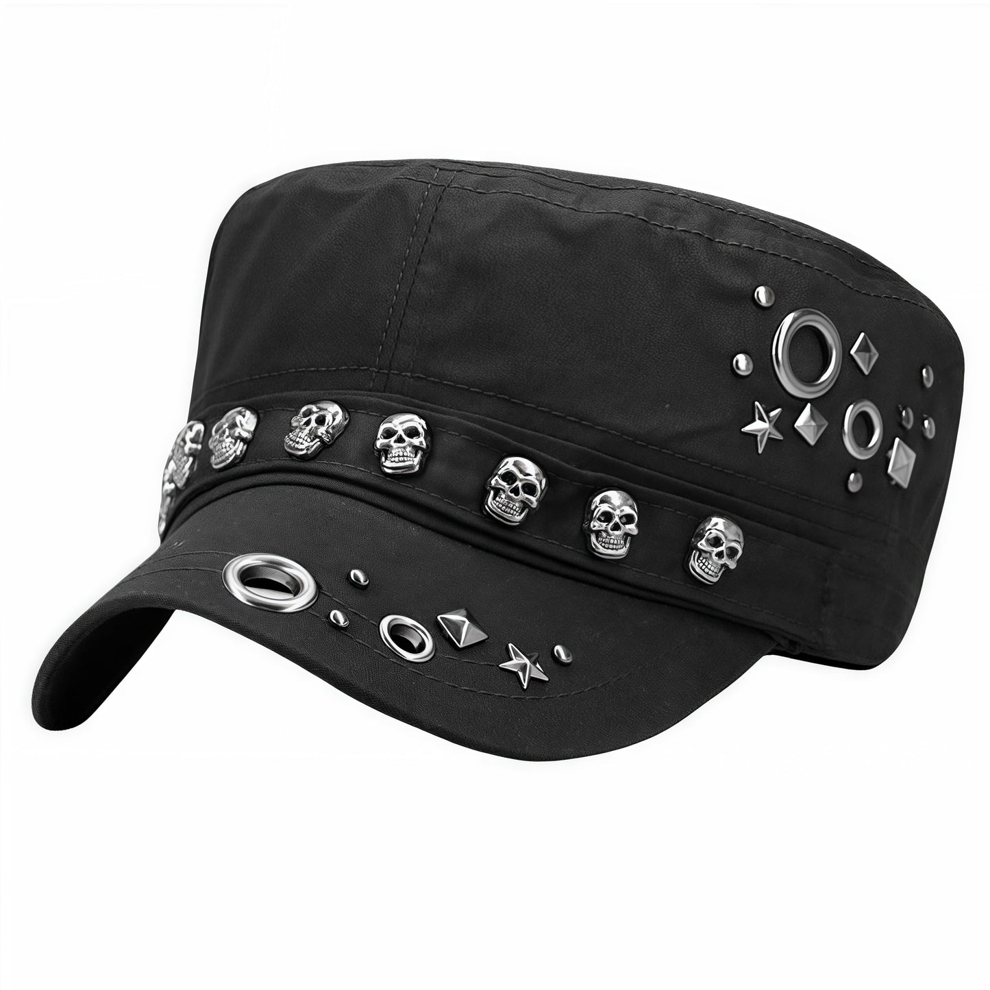Oversize Cadet Hat Women Hip Hip Punk Rock Rivet Cotton Baseball Caps Big Head Men Army Sun Caps Dad Flat Top Fitted Hats (US, Alpha, One Size, Head 60-62cm, Black A)