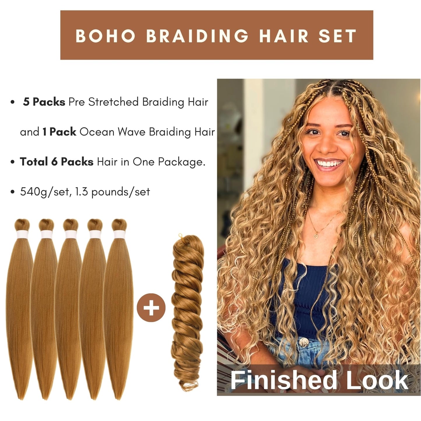 Honey Blonde Braiding Hair Pre Stretched Knotless Braiding Hair for Boho Braids Ocean Wave Boho Hair Extensions for Braiding (6