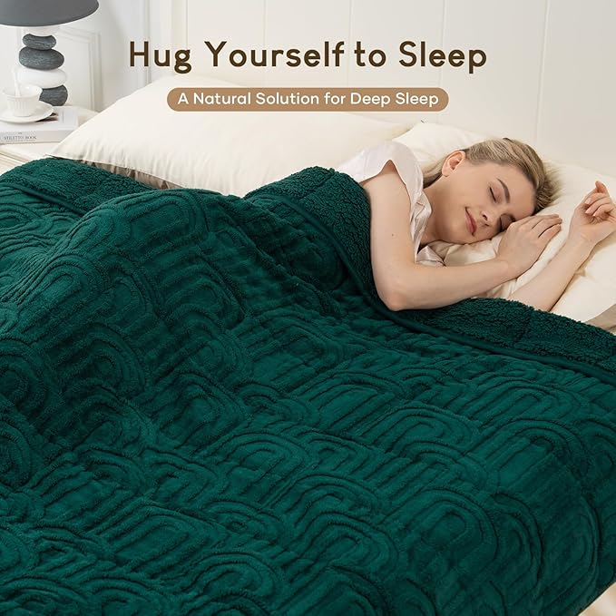 Cottonblue Jacquard Weighted Blanket for Adults 15 lbs Queen Size, Cozy Fluffy Sherpa Fleece Weighted Throw Blankets 60" x 80" for Sleep Relax, Fuzzy Warm Arch Heavy Blanket Soft for Bed Couch, Green