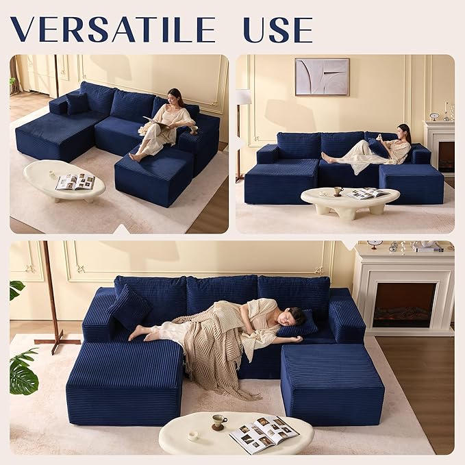 Afuson 107" Boneless Couch with Deep Seat, Modular Sectional Sofa, Cloud Sectional Couch for Living Room, No Assembly Required, Corduroy, U-Shape 3 Seater Left, Blue