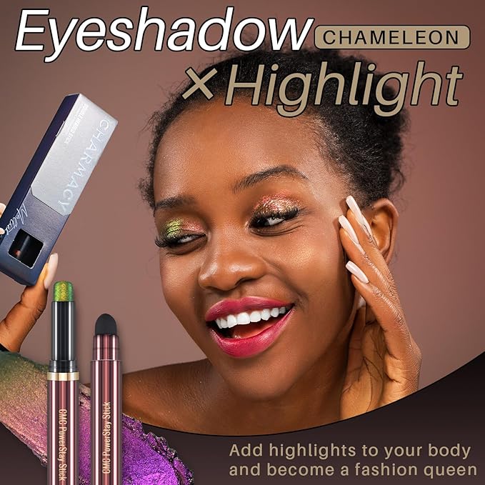 CHARMACY Duochrome Glitter Eyeshadow Stick, Chameleon Metallic Shimmer Smoky Eye Shadow, Long-Lasting Water-Resistant Formula, High Pigmented, Built-in Smudger #02