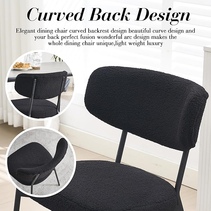 KCC Boucle Dining Chairs Set of 6, Modern Mid-Century Upholstered Stylish Kitchen Chairs Sherpa Accent Diner Chairs with Metal Legs and Curved Back for Kitchen, Dining Room(Black)