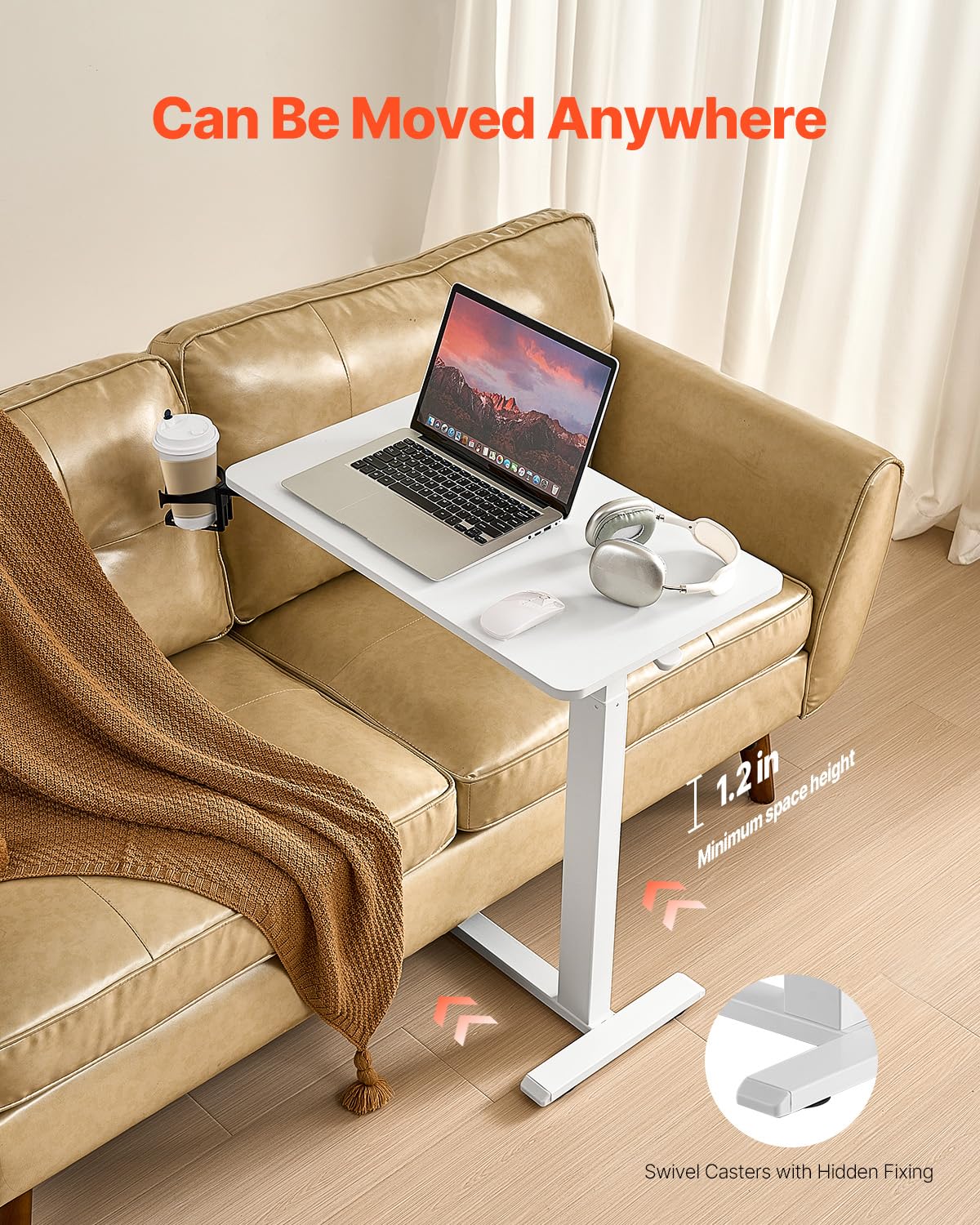 VEVOR Overbed Table, Over Bed Table with Wheels Adjustable Height, Mobile Hospital Bed Table, Rolling Laptop Desk with Fixed Top & Cup Holder, Portable Over Bed Desk for Home, Office, Study, White