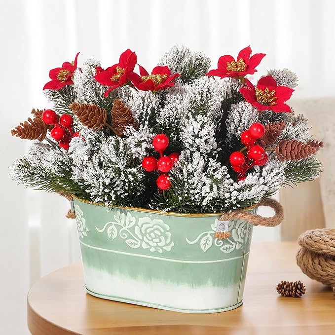 QIMOND Christmas Table Centerpiece with Artificial Red Poinsettias, Snowy Norfolk Pine, Berries & Pine Cones – Lifelike Ho...