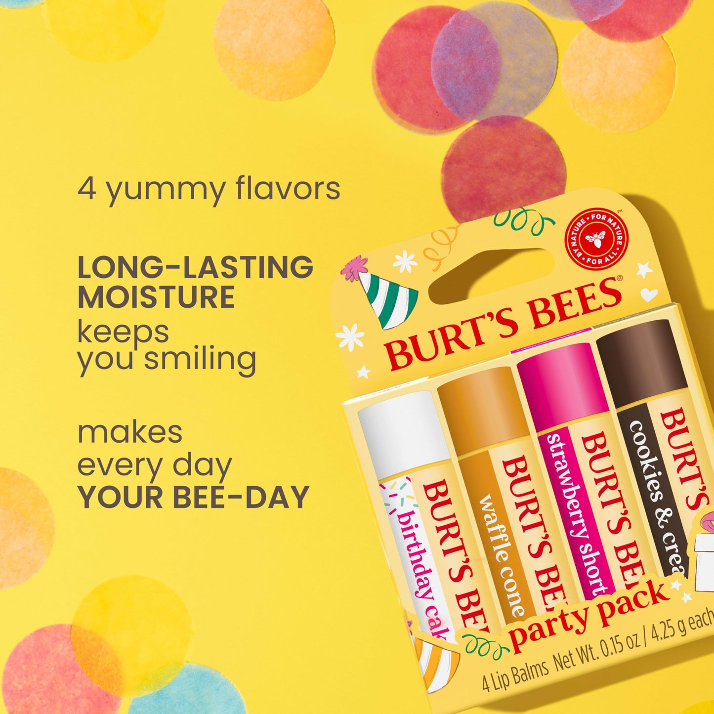 Burt's Bees Lip Balm Party Pack - Birthday Cake, Waffle Cone, Strawberry Shortcake, and Cookies & Cream, All Day Moisturizer, Ti