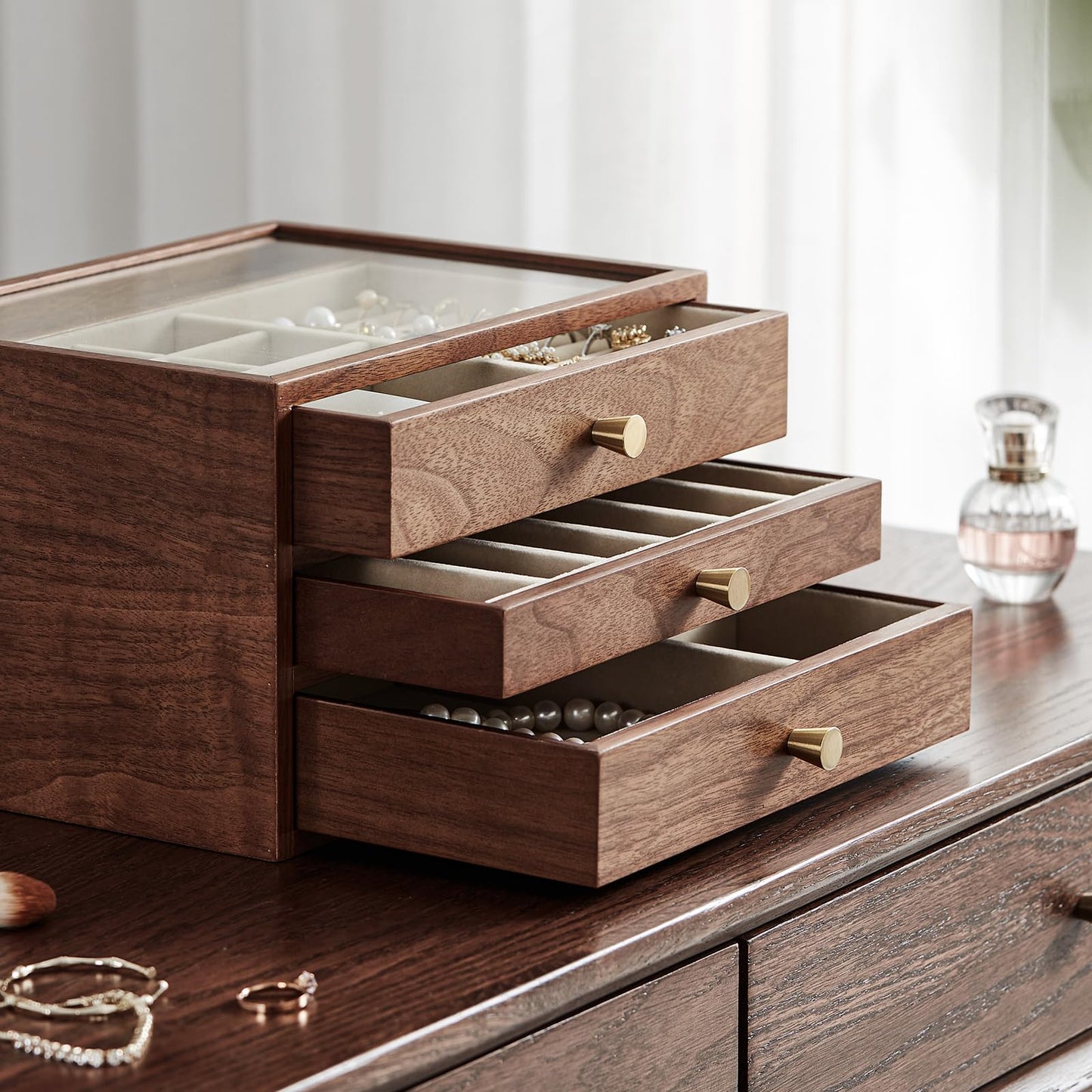 Homruilink Black Walnut Wooden Jewelry Box Women large 3 Layer Drawer Organizer Box with Glass Lid for Necklaces, Watch, Necklace, Ring, Earring Storage, Ideal Gift
