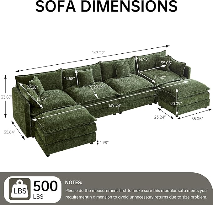 saows Modular Sectional Sofa, 147.2 Inch U Shaped Couch Set with Armrests, 4-Seater Comfy Cloud Couches with Movable Ottoman for Living Room Apartment, Green