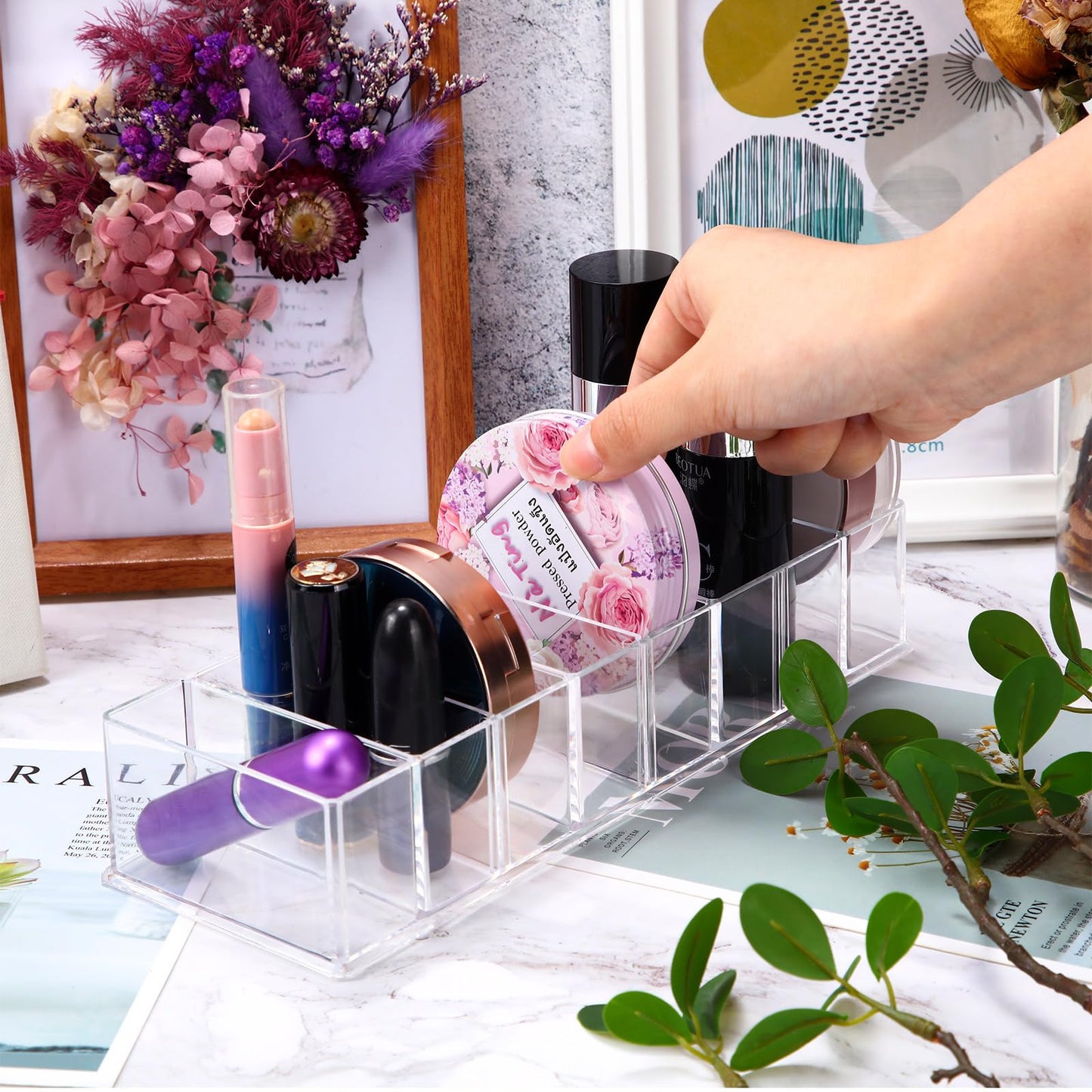 Tuanse 8 Pcs Acrylic Makeup Compact Organizer Detachable 8 Spaces Clear Vanity Drawer Organizer Eyeshadow Palette Storage for Li