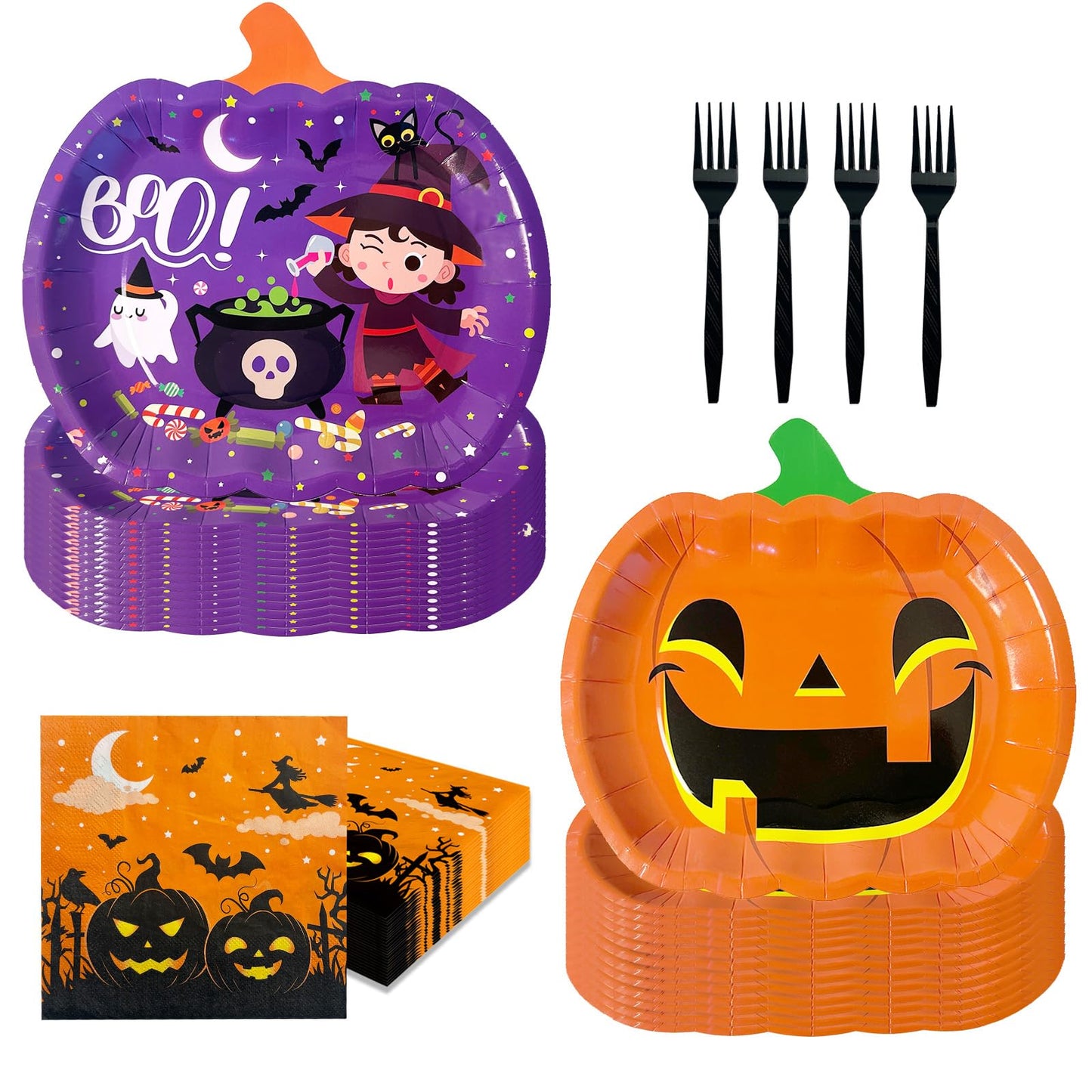 YQUQWN 48 PCS Halloween Pumpkin Shaped Paper Plates and Napkins Set, Perfect for School Events, Holiday Celebrations, Trick-or-Treat Parties, and Themed Gatherings, Disposable and Fun Decor