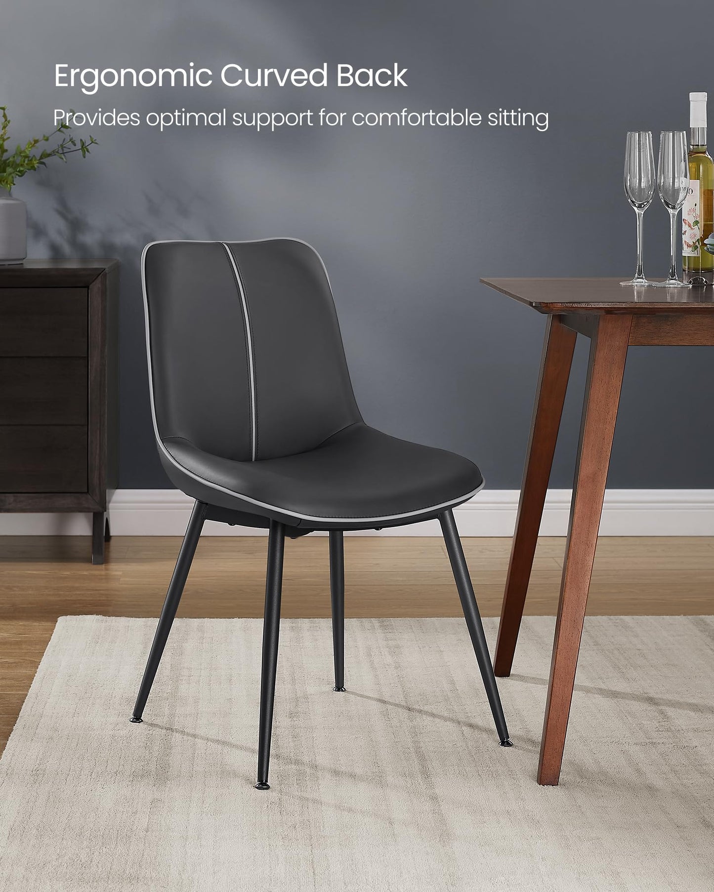 VASAGLE Leather Dining Chairs Set of 2, Comfortable Upholstered Seat Dining Room Chairs with Swivel Leveling Feet, Curved Backrest Kitchen Chair for Living, Restaurant, Easy Assemble, Ink Black