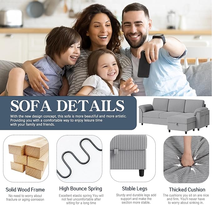 Meilocar Sectional Sofa Couch for Living Room, 79" Sectional Couches with Storage Ottoman, L Shaped Couch with Sloping Armrests Side Storage Pockage, 3-Seat Sofa Couches for Small Space, Light Grey